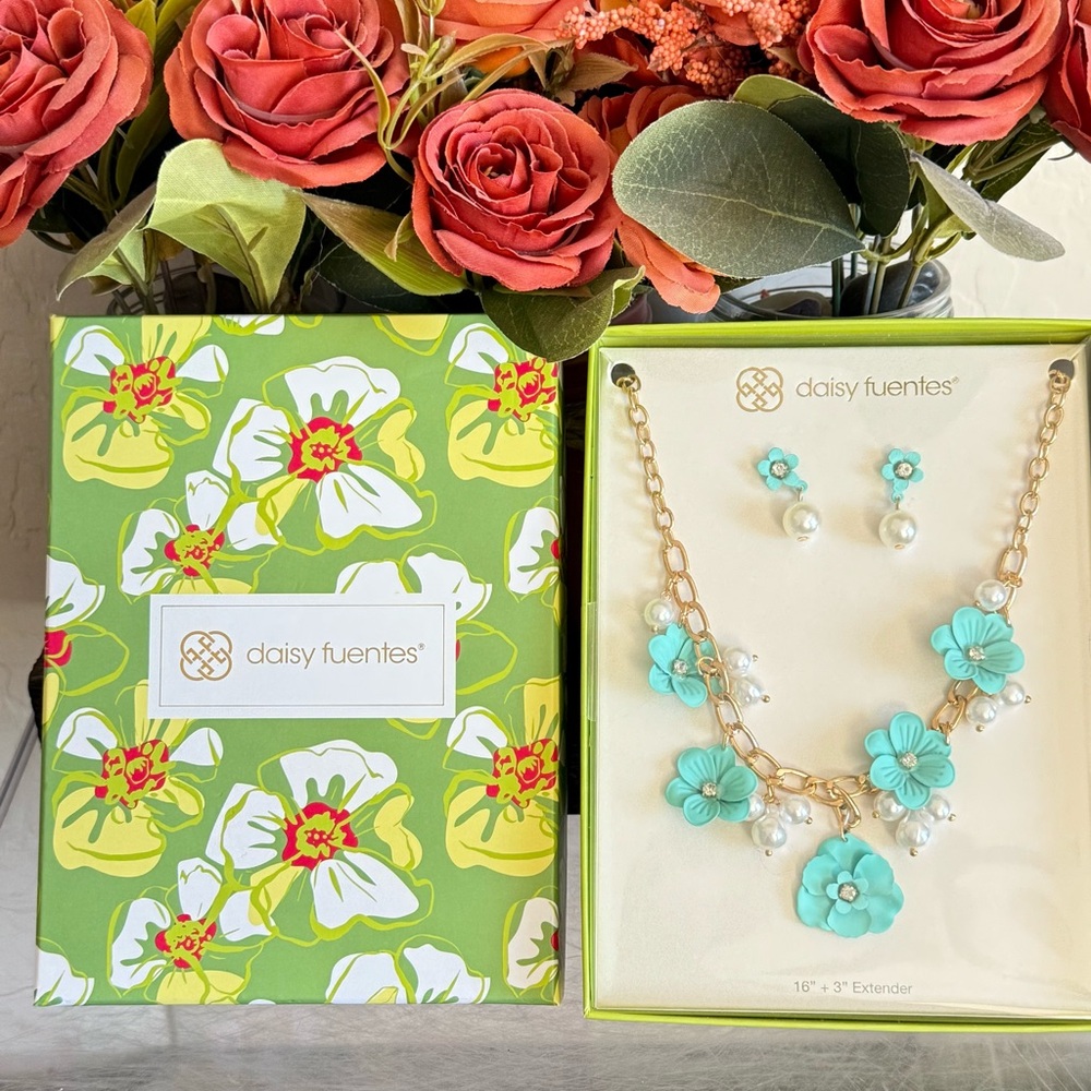 Daisy Fuentes Gold Pearl & Blue Flower CZ Statement Necklace and Earrings Set